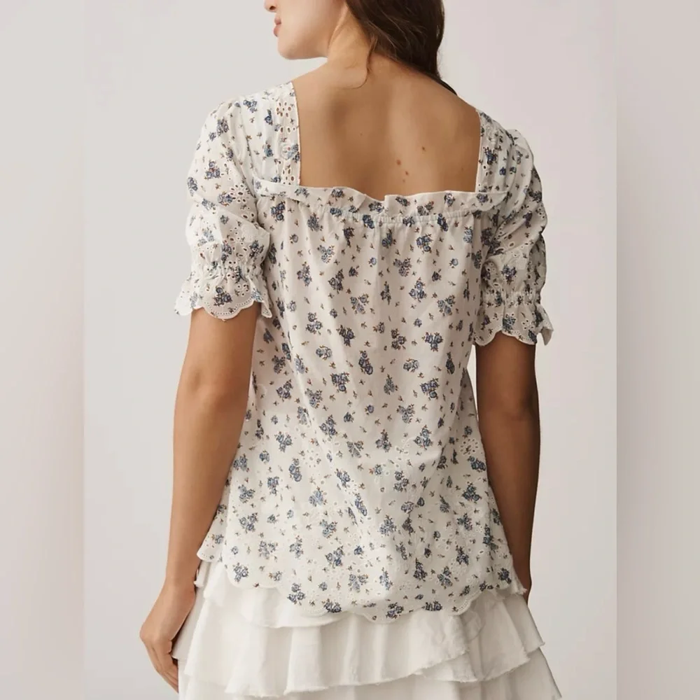 NWT By Anthropologie Puff-Sleeve Eyelet Top size LP Ivory Blue Floral Print Boho